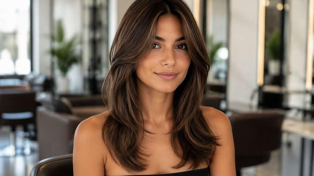 Medium Cut with Curtain Fringe hair on an adult model, showing soft center-parted curtain fringe and shoulder-to-chest length.