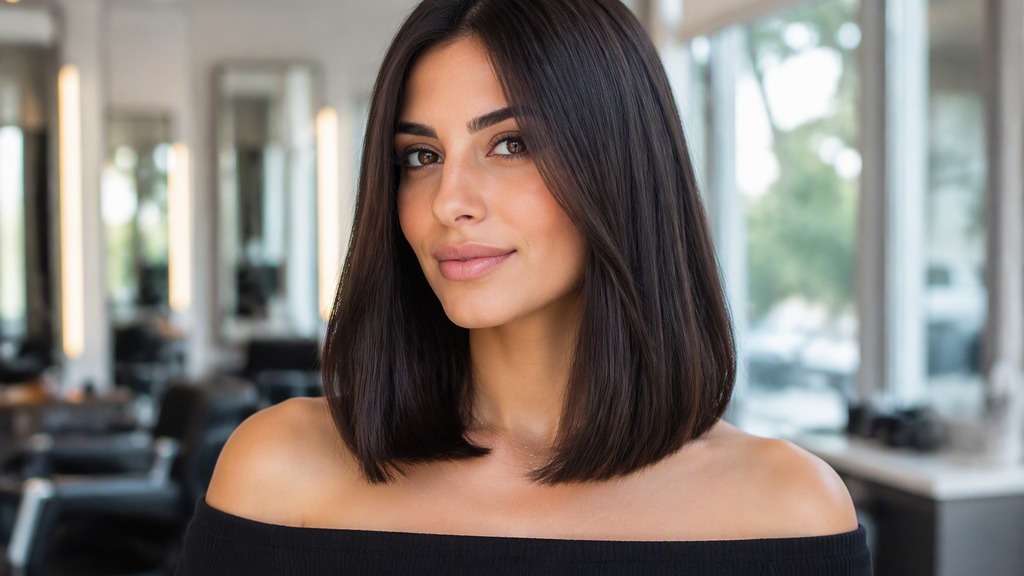 Polished Mid-Length Bob hair on an adult model, showing even medium bob falling just below shoulder tops, no dramatic internal layers.