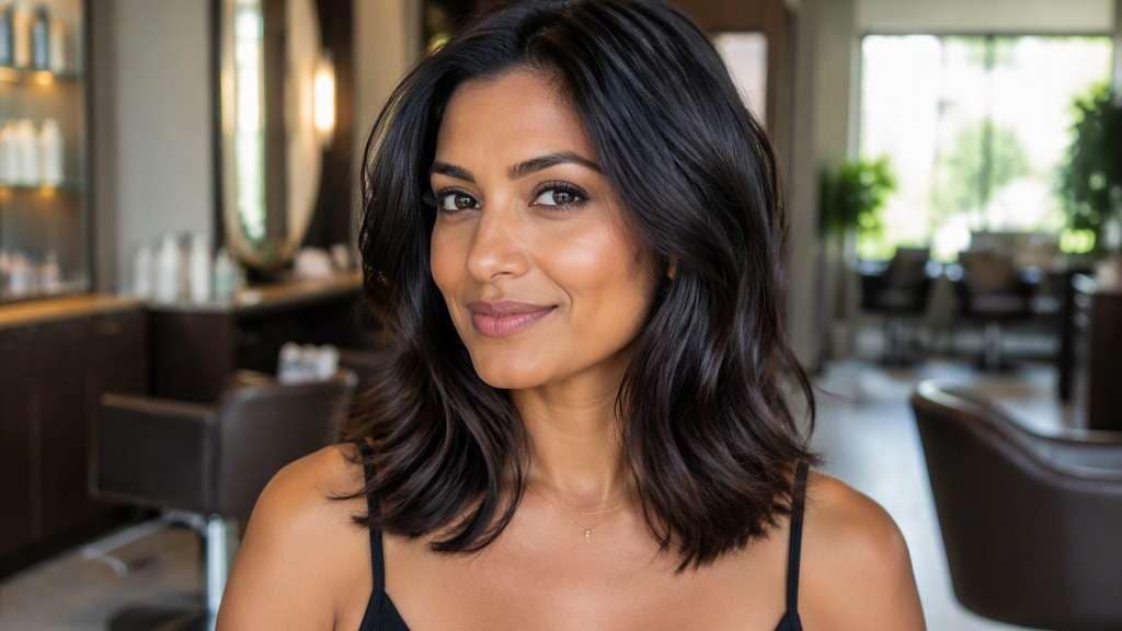 Side-Parted Mid-Length Hair hair on an adult model, showing a subtle side part and relaxed layers falling toward collarbones.