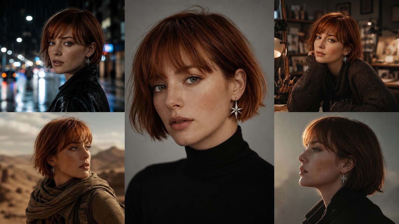 One fictional Midjourney character maintained across five photographic scenes and camera angles