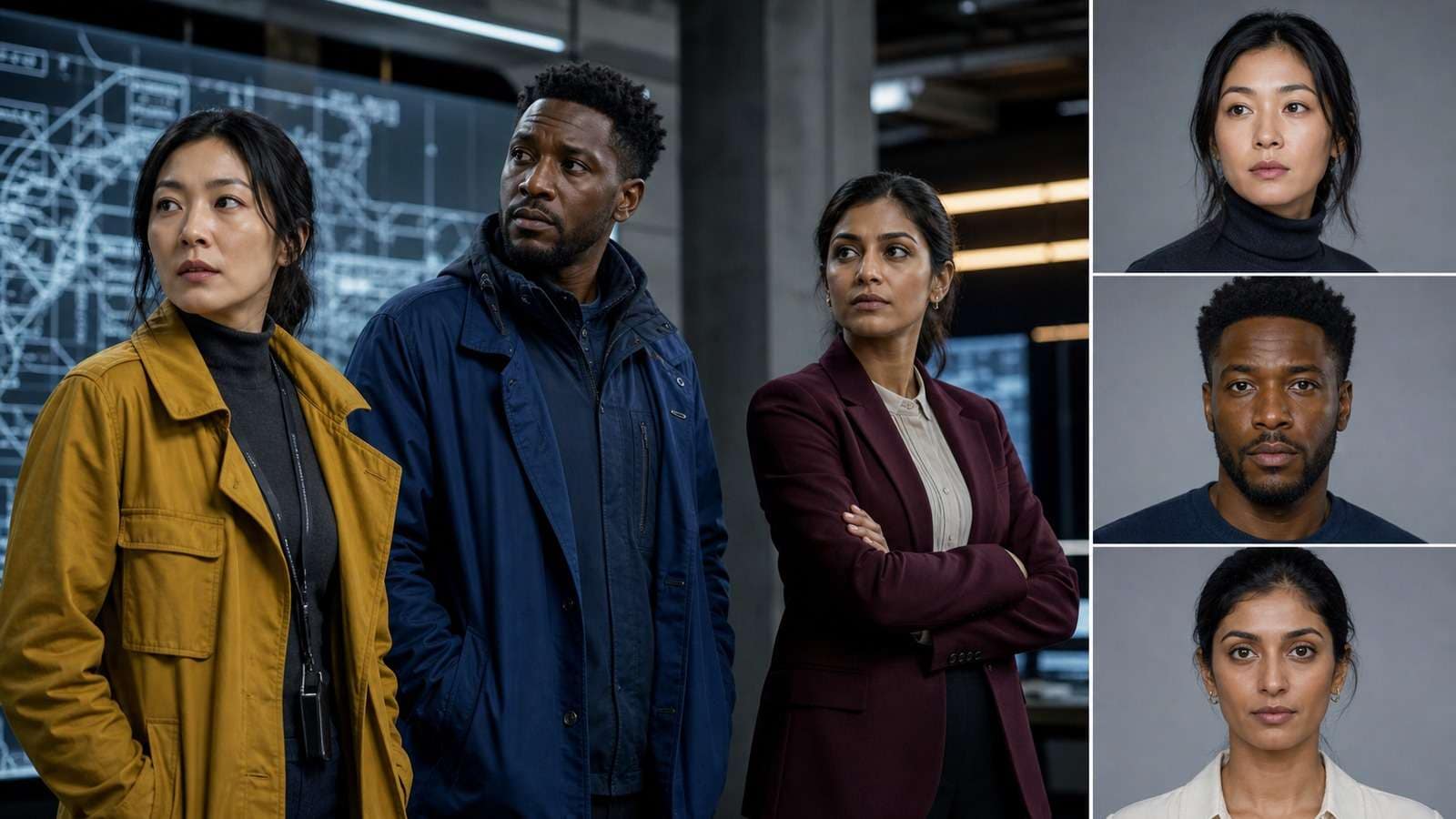 Three distinct fictional characters and their individual portrait references demonstrating multi-character complexity