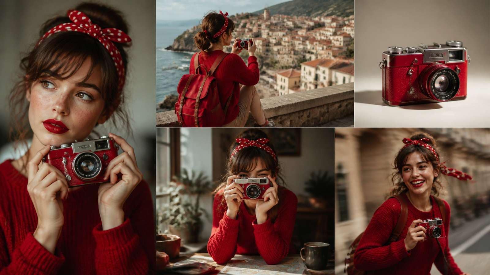 One fictional character and vintage red camera preserved across multiple Midjourney scenes