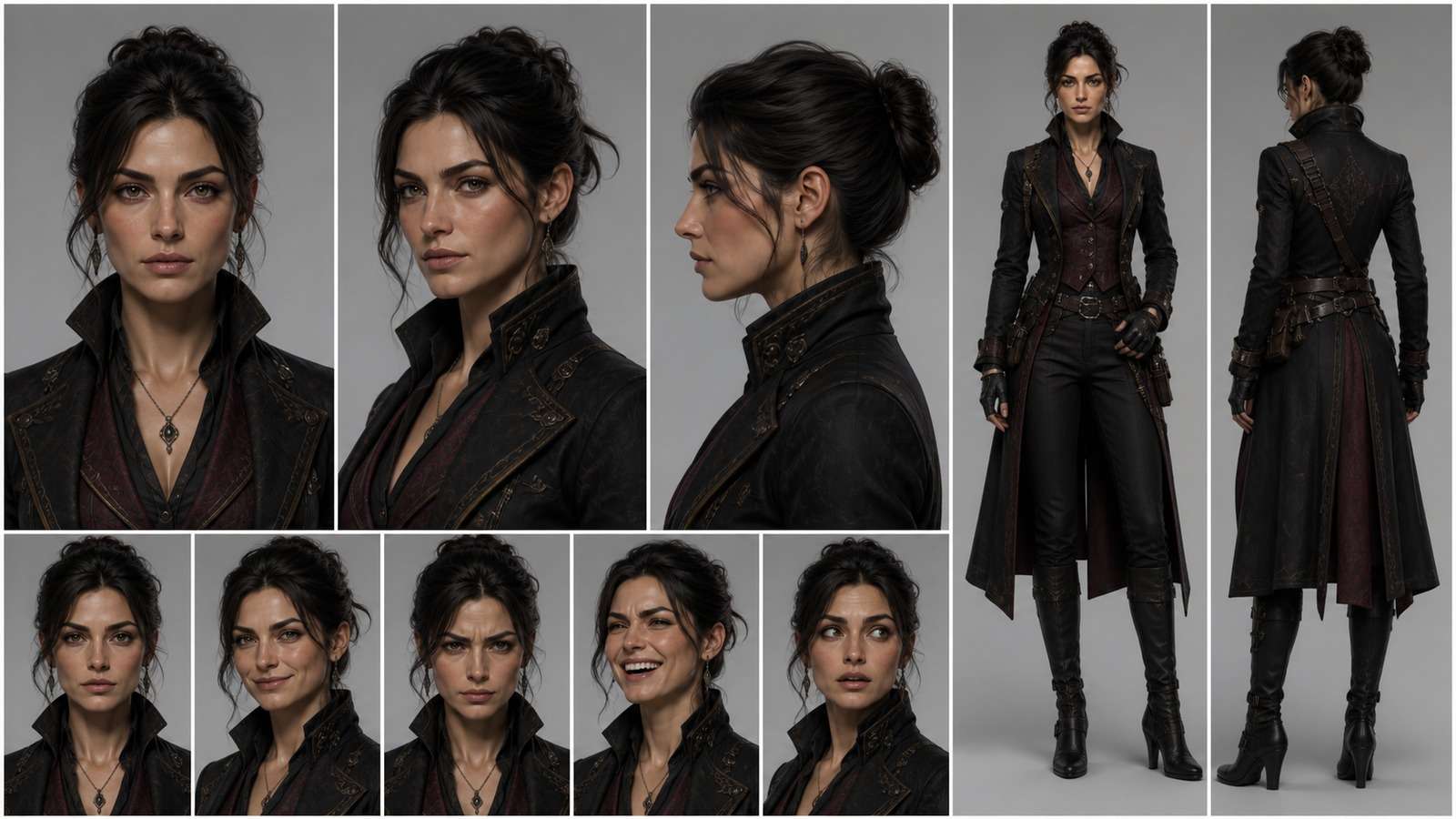 Front, three-quarter, profile, full-body, and expression references prepared for Midjourney character consistency