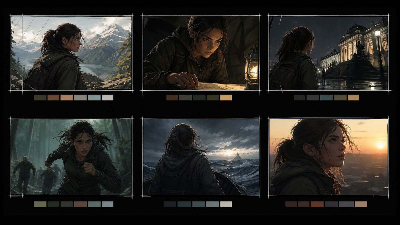 Same fictional protagonist maintained across six connected storyboard scenes and camera angles