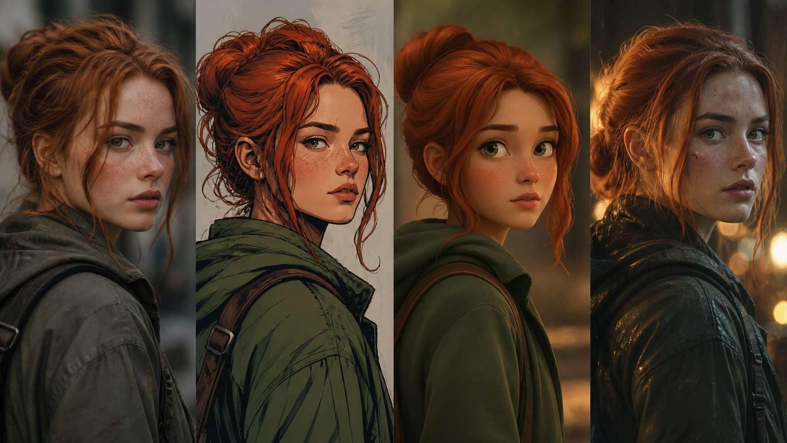 Same fictional character tested across photography, illustration, animation, and cinematic styles