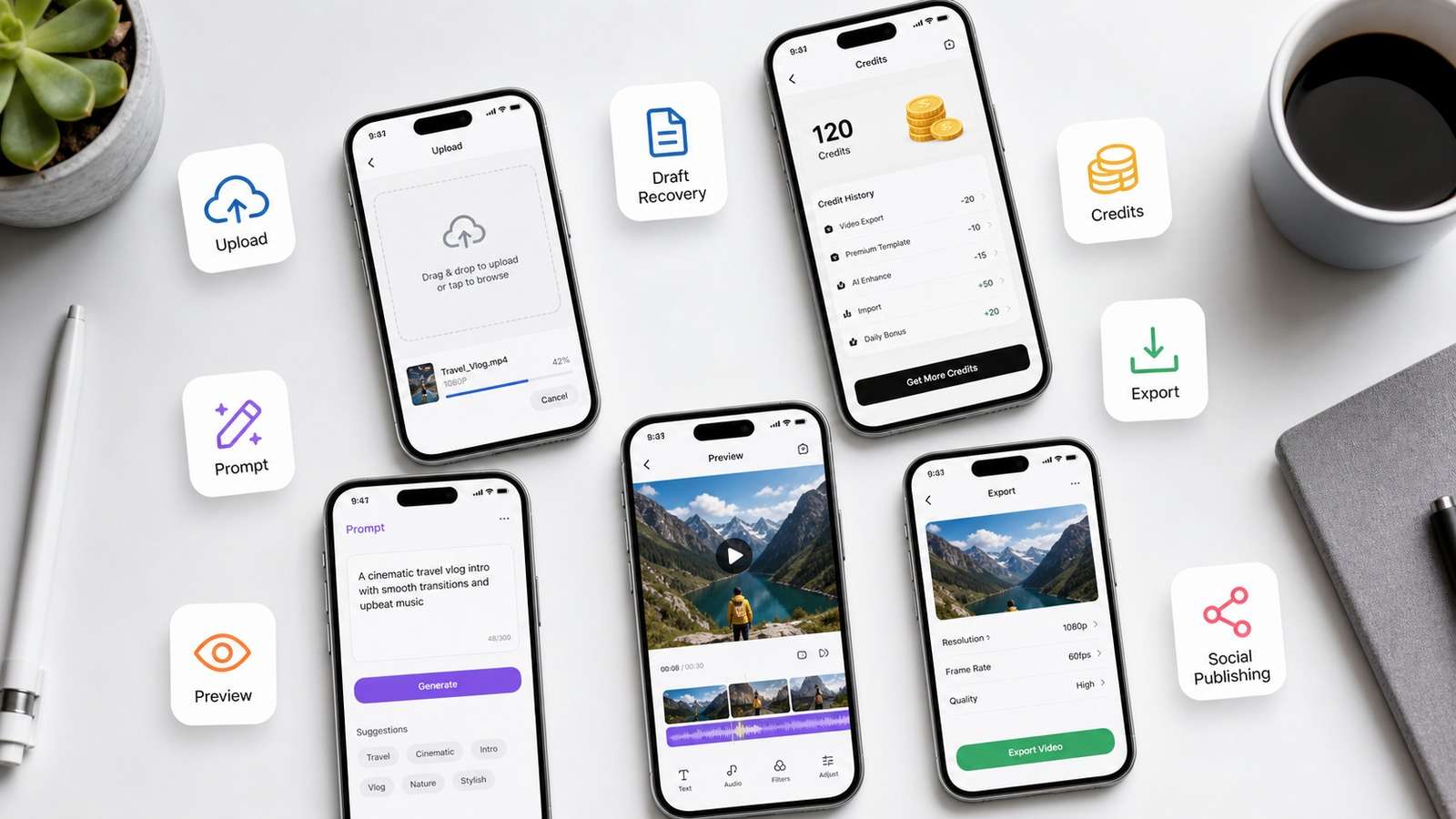 Phone-first scorecard for upload drafts prompting preview export and social publishing