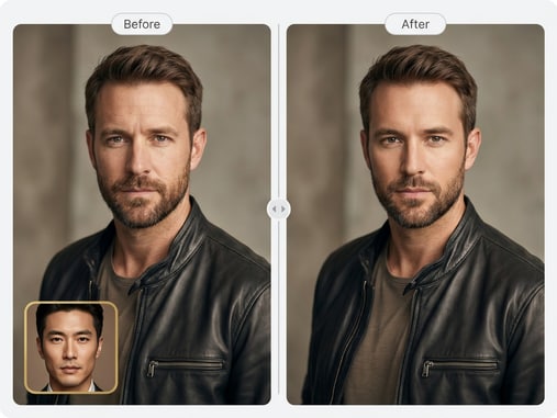 Movie character face swap example before and after comparison