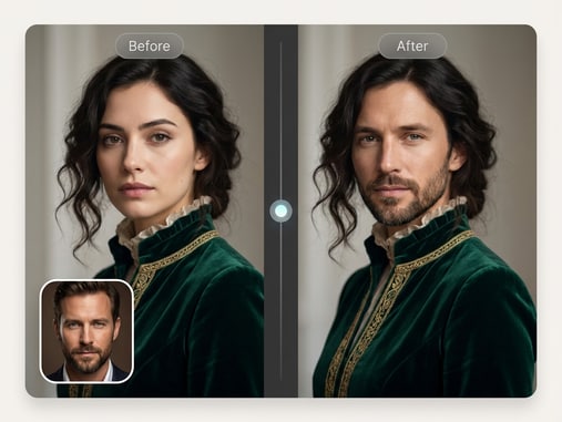 Before and after movie poster face swap using Media.io