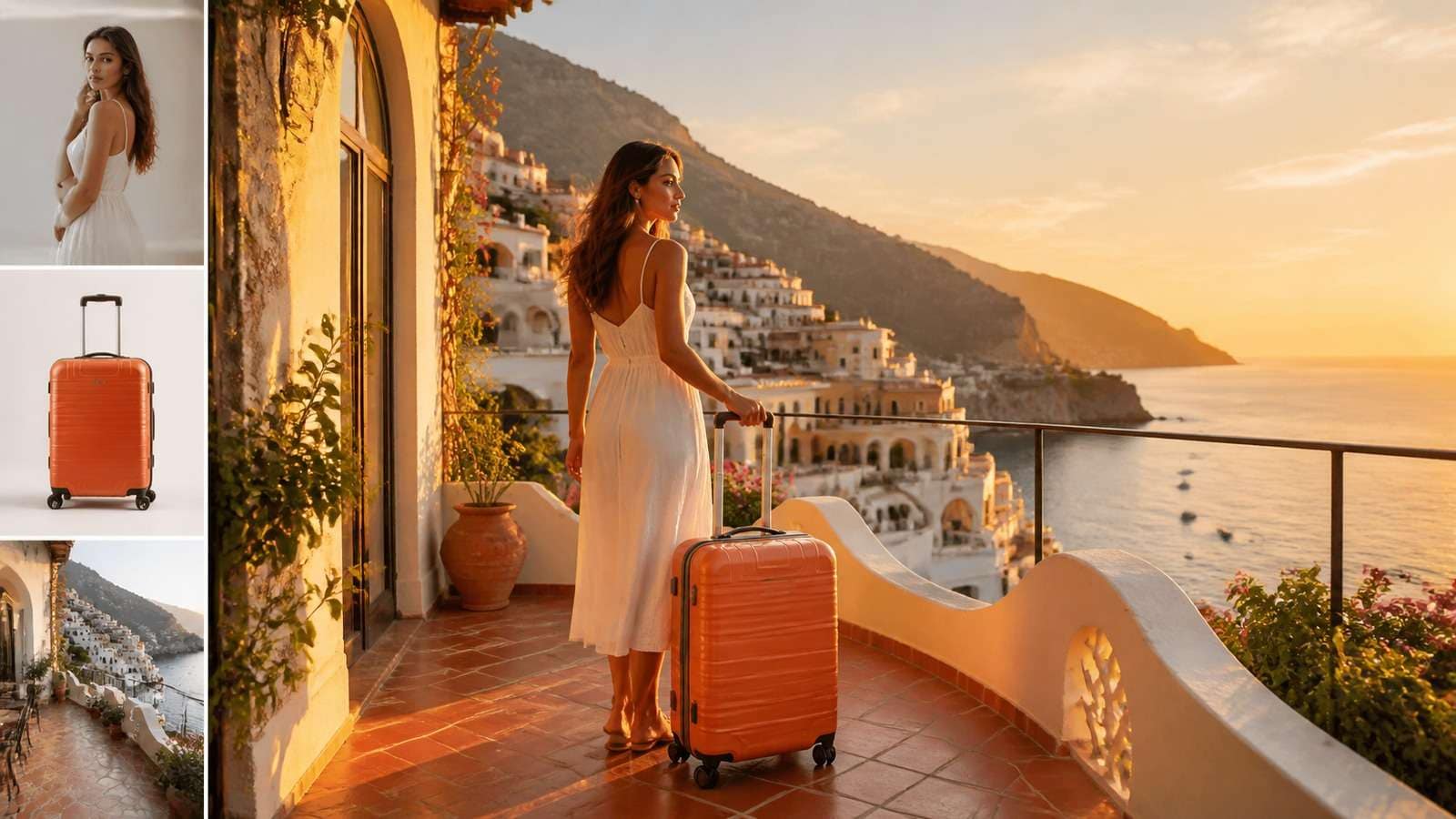 A fictional model, suitcase and hotel terrace combined into one coherent advertising scene