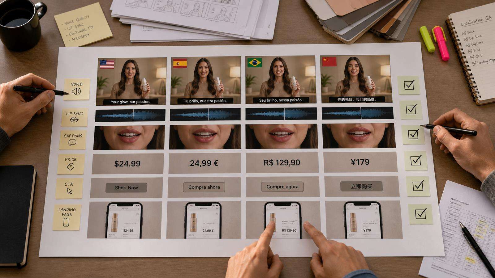 A localization review wall showing the same ad in four languages with checks for voice, lip sync, captions, price, CTA, and landing page