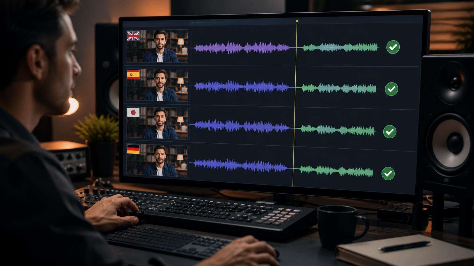The same presenter across English, Spanish, Japanese, and German clips with a voice identity line and separate native delivery checks