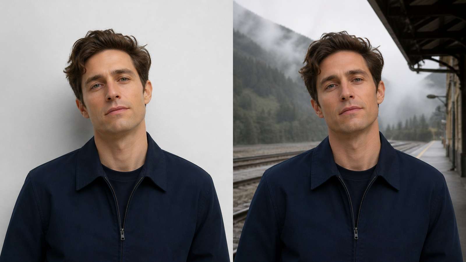 Before and after portrait with only the background replaced while identity wardrobe pose and crop remain fixed
