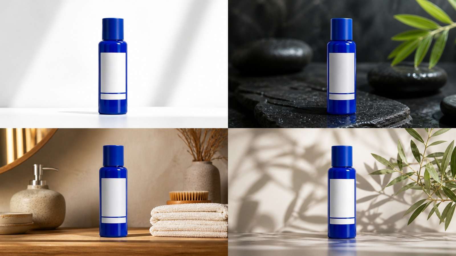 The same cobalt skincare bottle preserved across four realistic ecommerce campaign scenes