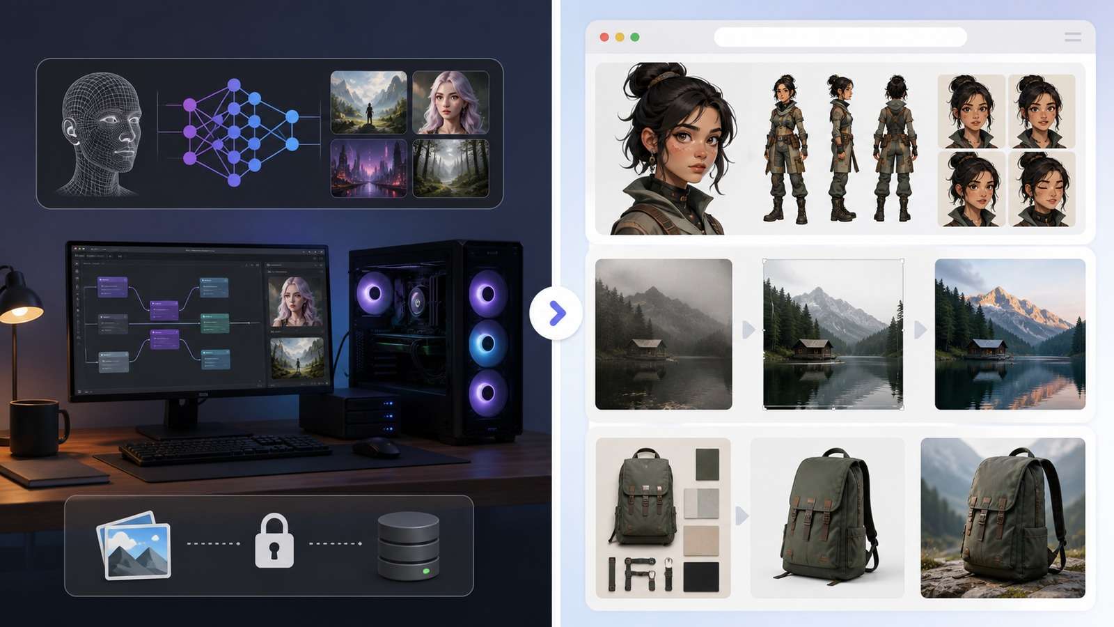 Local GPU image workflow compared with browser character creation, image editing, and product mockup outcomes