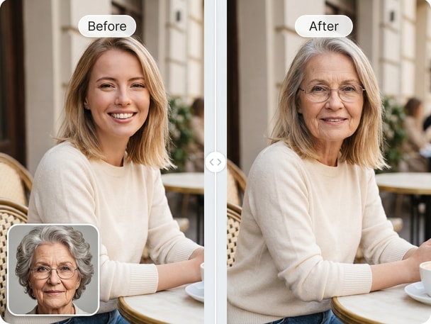 AI aging filter before and after comparison