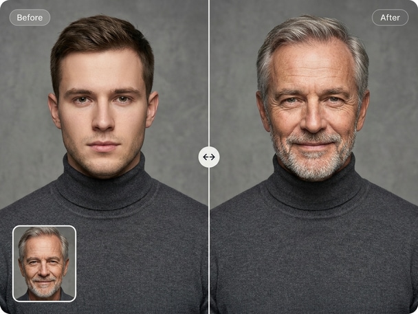 Example image showing an AI-aged face using old face changer