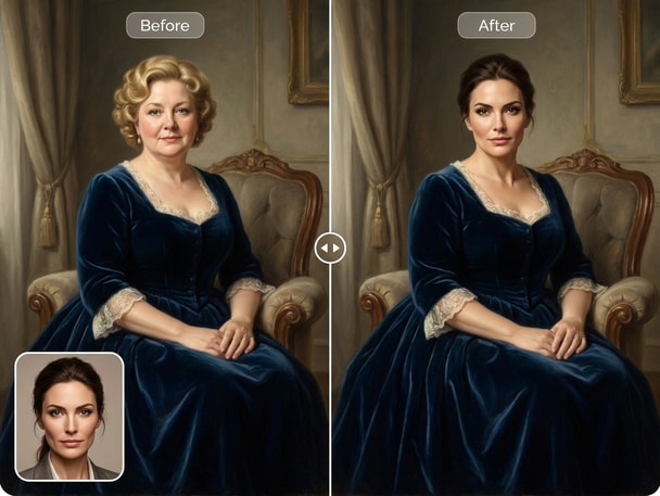 Before and after painting face swap example with artistic brushstroke style
