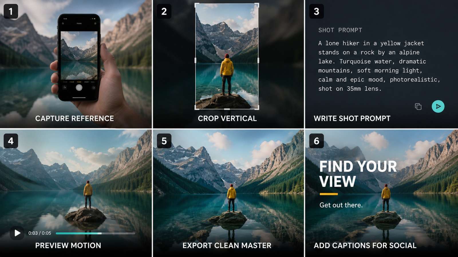 Six-step visual workflow from phone camera reference to motion test clean master captions and social export