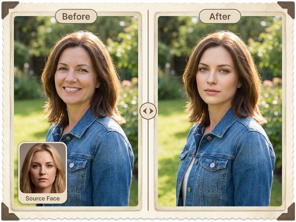 Creative photo montage face edit with two friends blended naturally