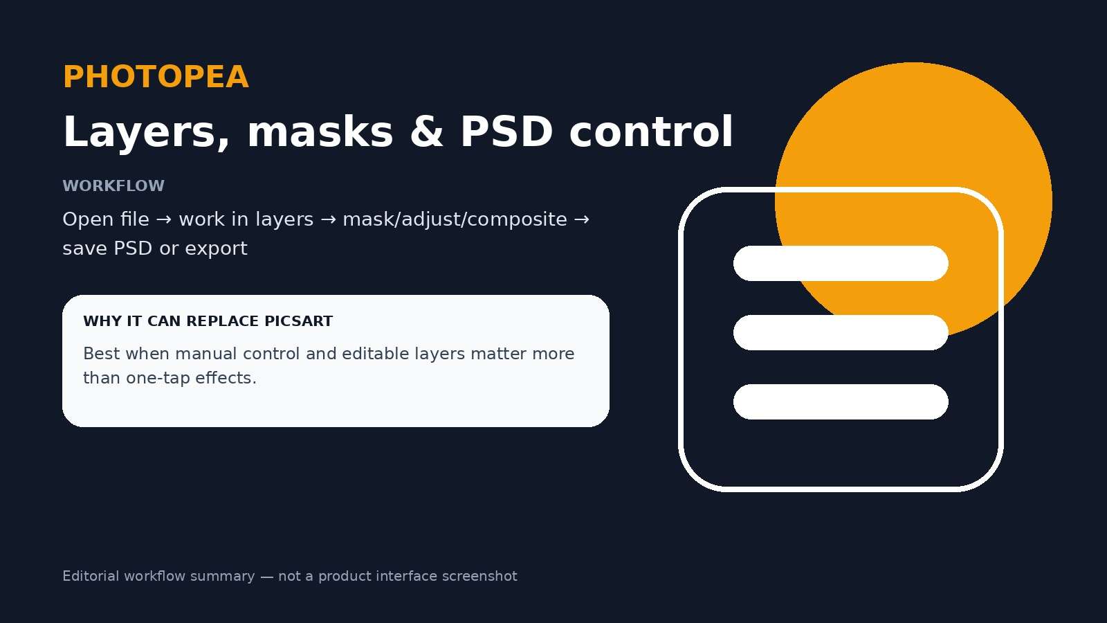 Photopea workflow summary for layers, masks, and PSD editing as a Picsart alternative