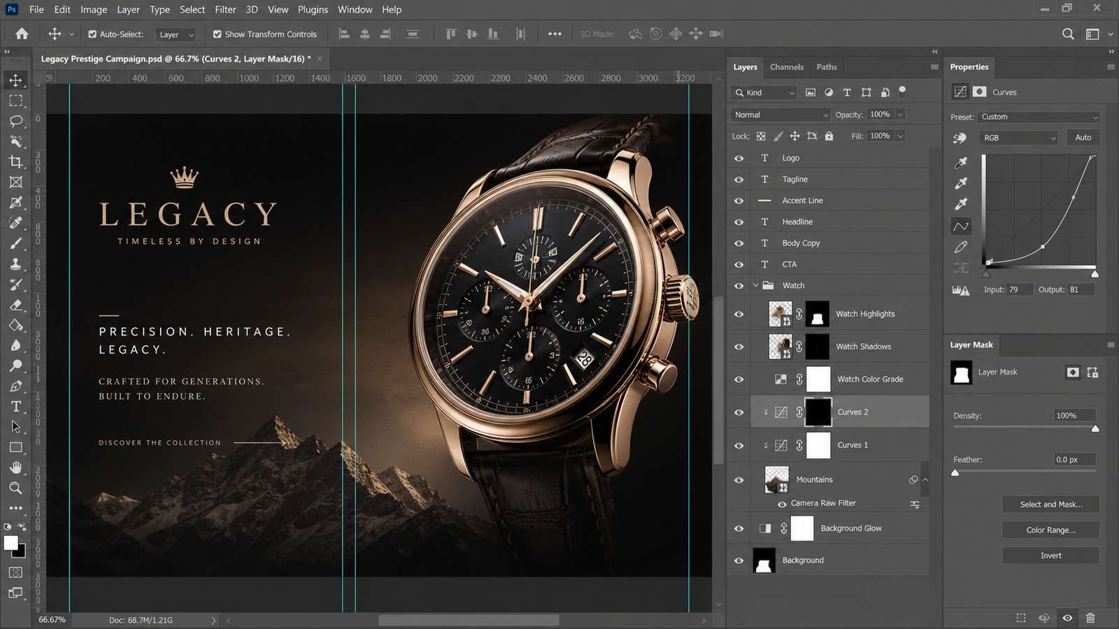 Professional English Photoshop-like layered product composite with masks curves smart objects and precise typography