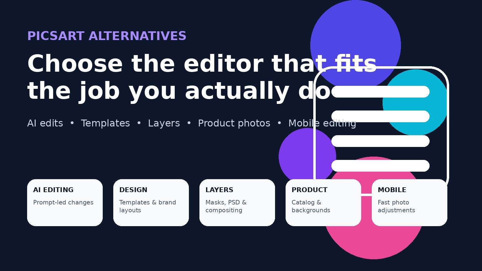 Picsart alternatives organized by AI editing, templates, layers, product photos, and mobile editing