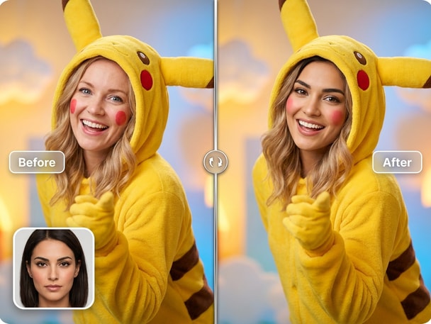 Example of Pikachu face swap transformation on selfie