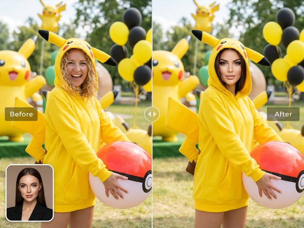 Cosplay-style Pikachu face swap photo