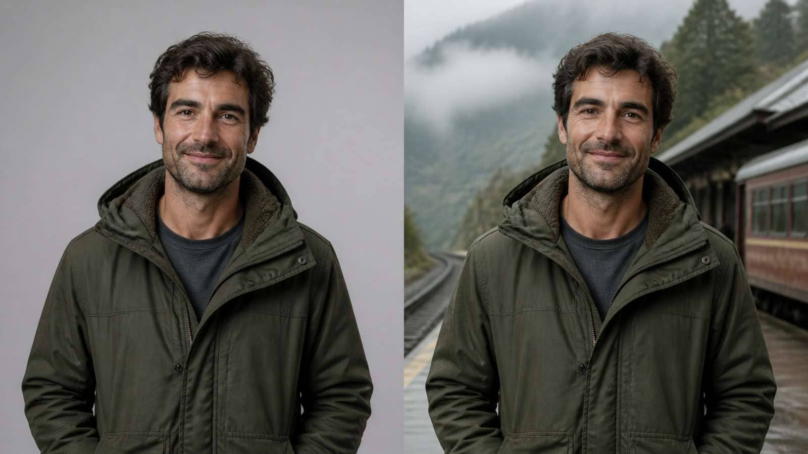 Before and after result preserving a fictional man's identity and clothing while changing only the background