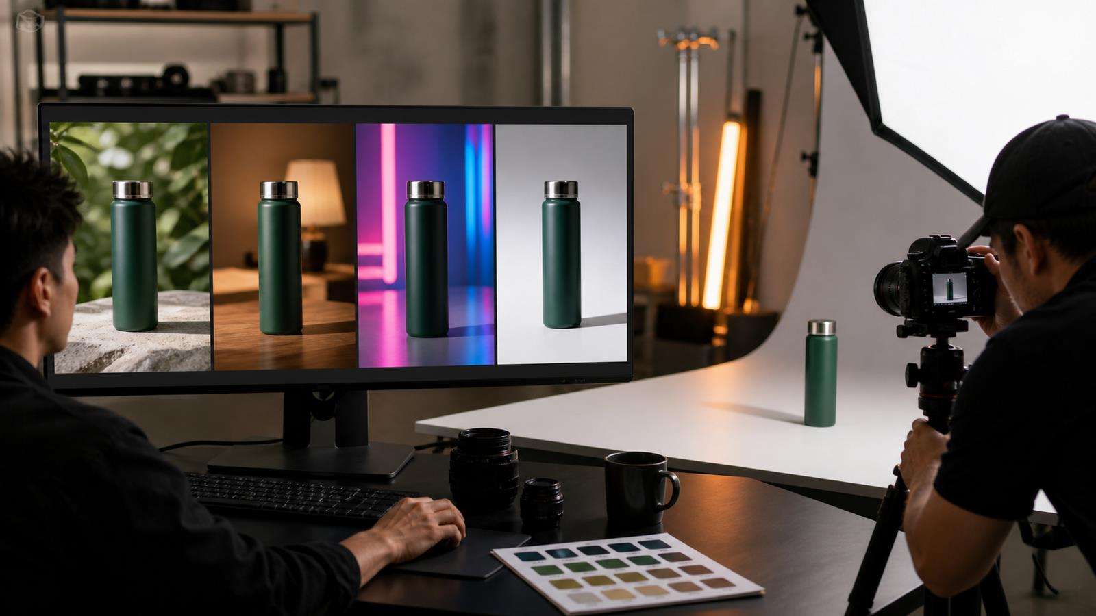 One product under daylight, warm interior, neon, and studio light while maintaining the same approved brand color and material finish