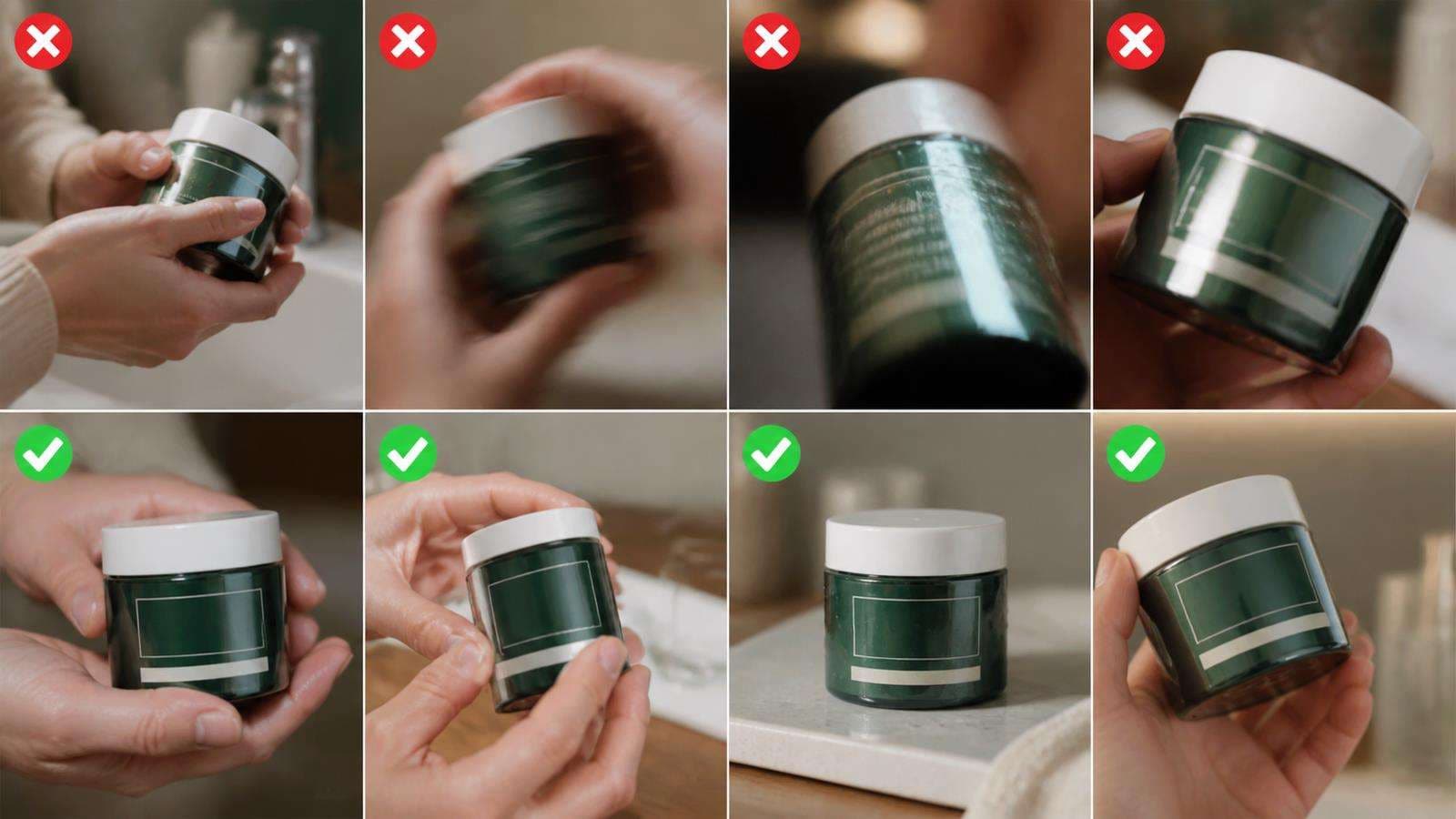 A realistic product interaction close-up highlighting risky logo occlusion, fast rotation, motion blur, and strong reflections with safer alternatives