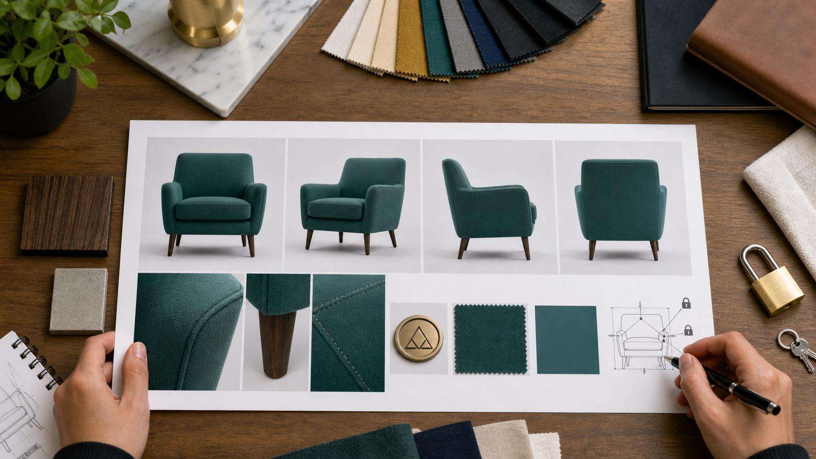 A clean ecommerce identity sheet with multiple views of one product, logo close-up, material sample, brand color chip, and locked design details