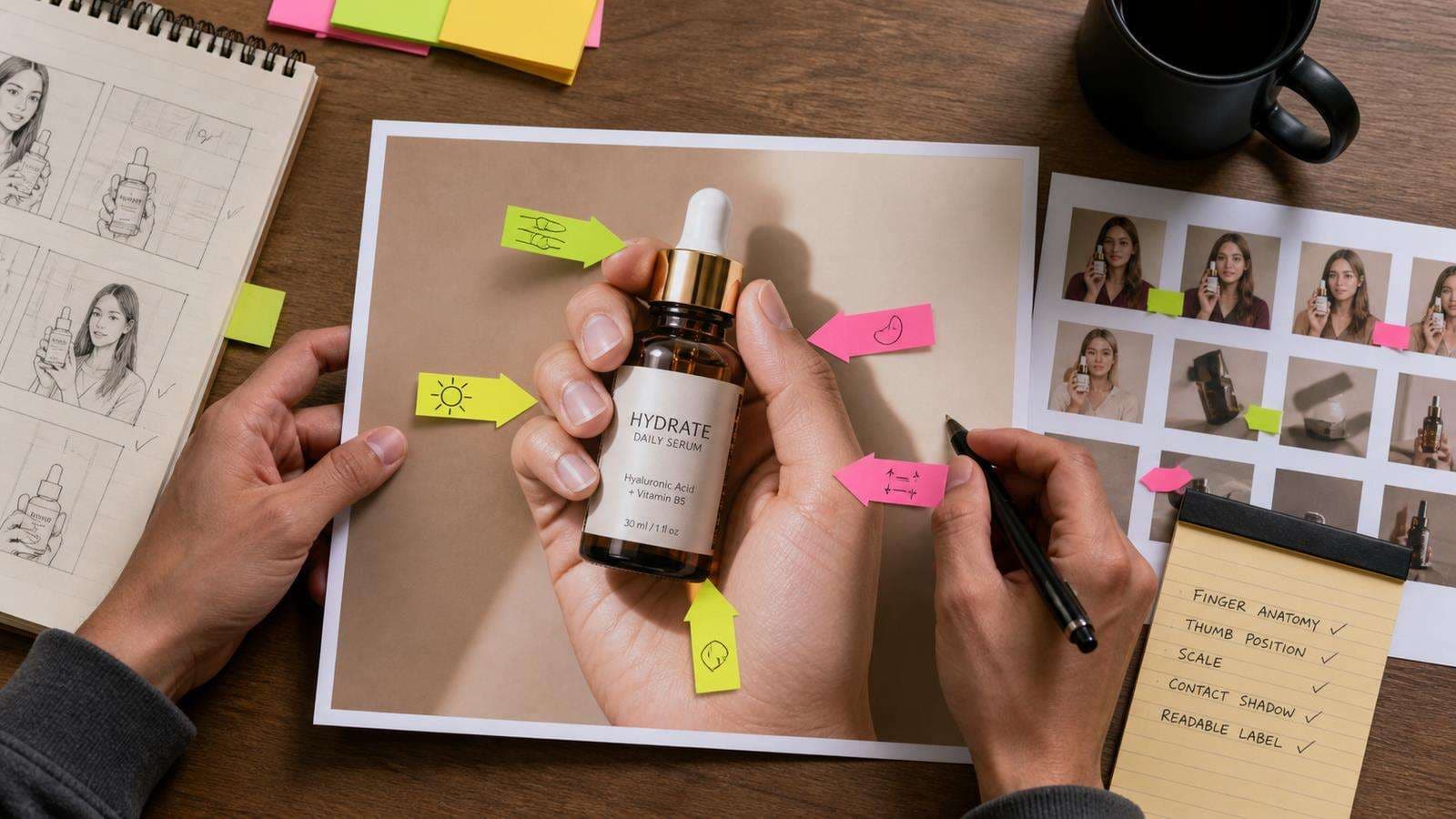A close-up review of a creator holding a serum bottle with callouts for finger anatomy, thumb position, scale, contact shadow, and readable label