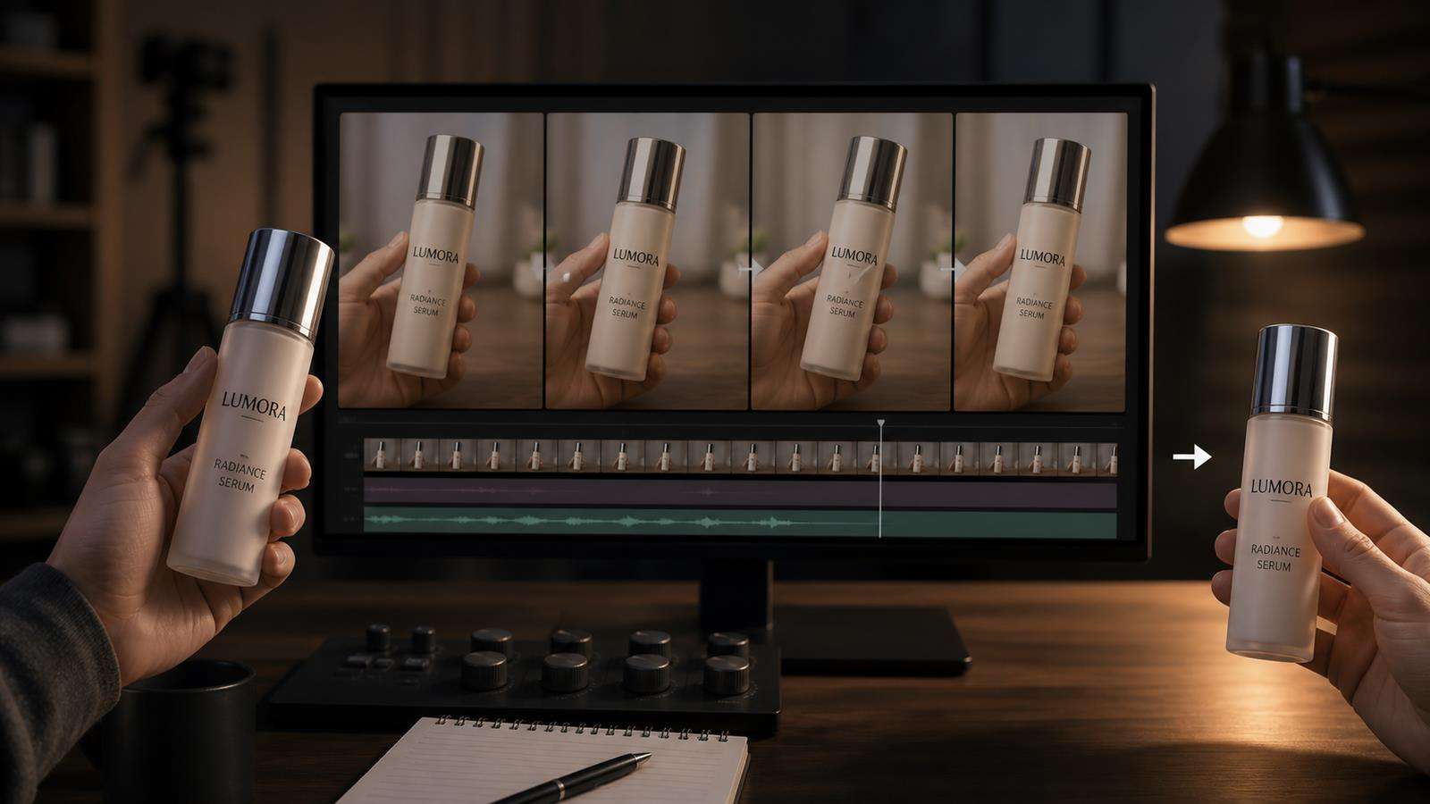 A realistic cosmetics bottle across four AI video frames where the logo and packaging drift, followed by a corrected stable version