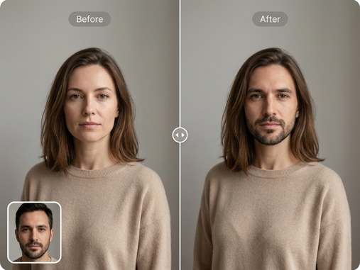 Before and after AI product model face swap example with e-commerce models