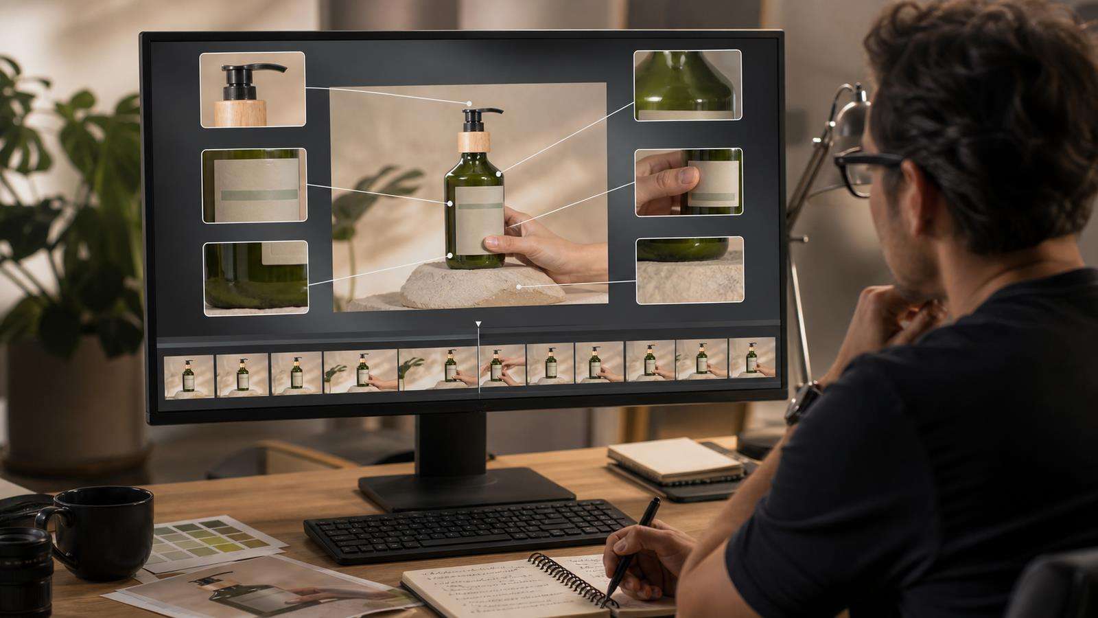 A large monitor showing a frame-by-frame product ad review with zoomed checks on logo, label, cap, color, scale, and hand contact