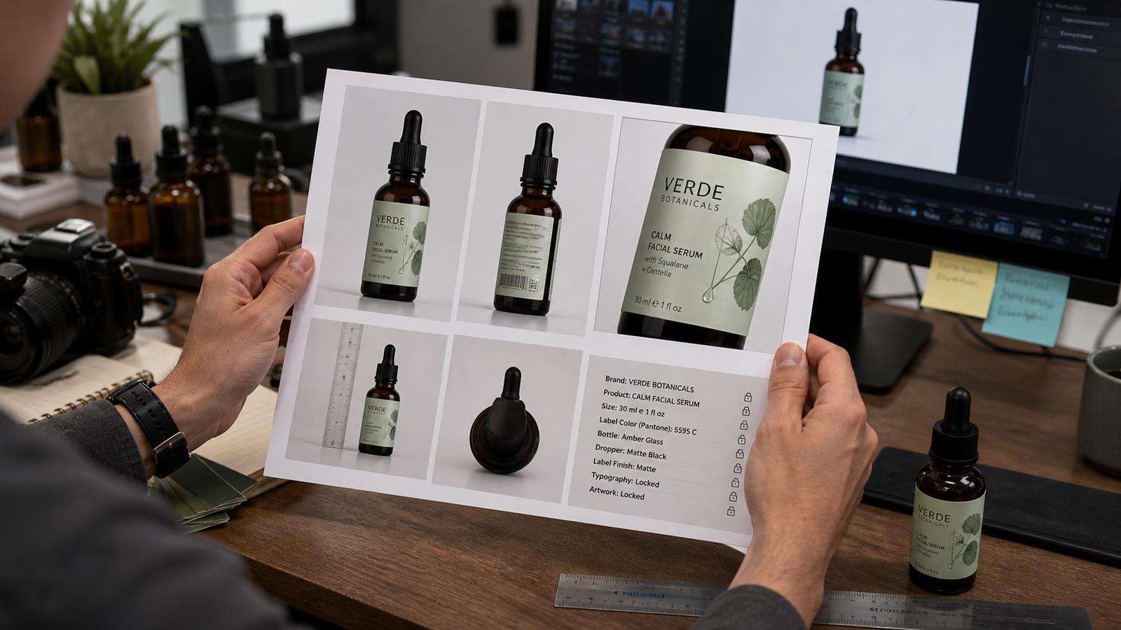 A real product reference board with front packshot, side view, label close-up, scale reference, and locked brand details