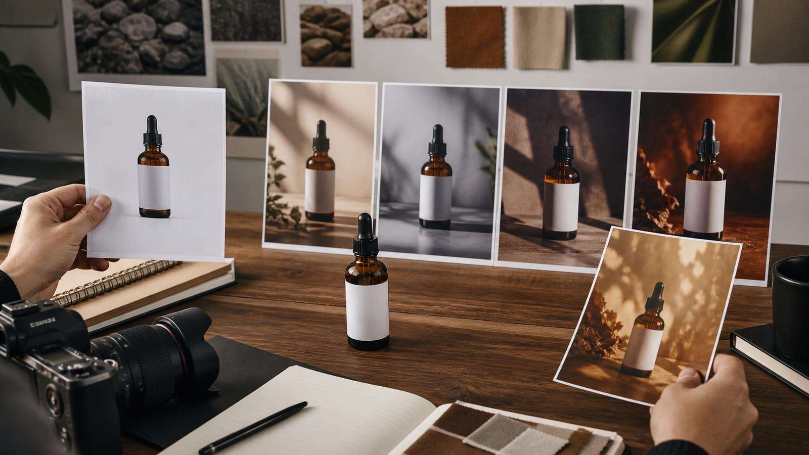 A realistic comparison showing a product identity reference controlling shape and label while a separate style reference controls lighting and color mood