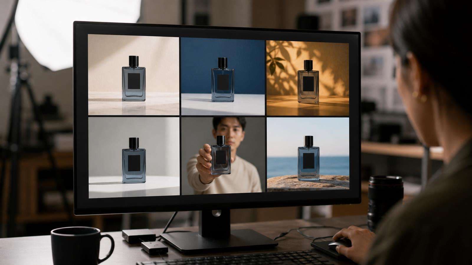 A six-image grid where only one variable changes at each step: background, lighting, model, pose, and aspect ratio while the product stays identical