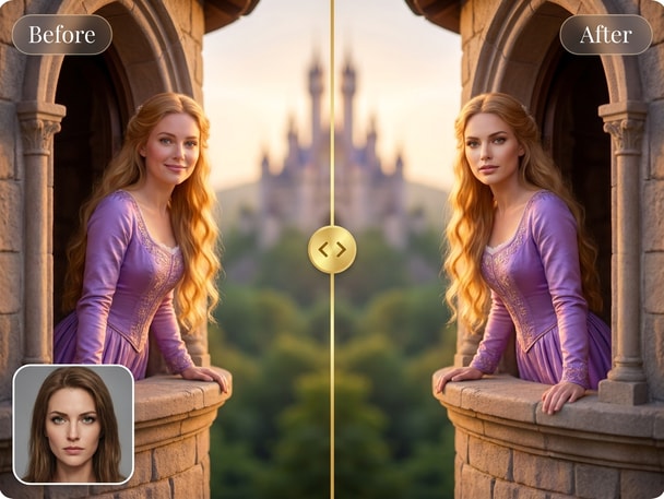 AI-generated Rapunzel face swap portrait example