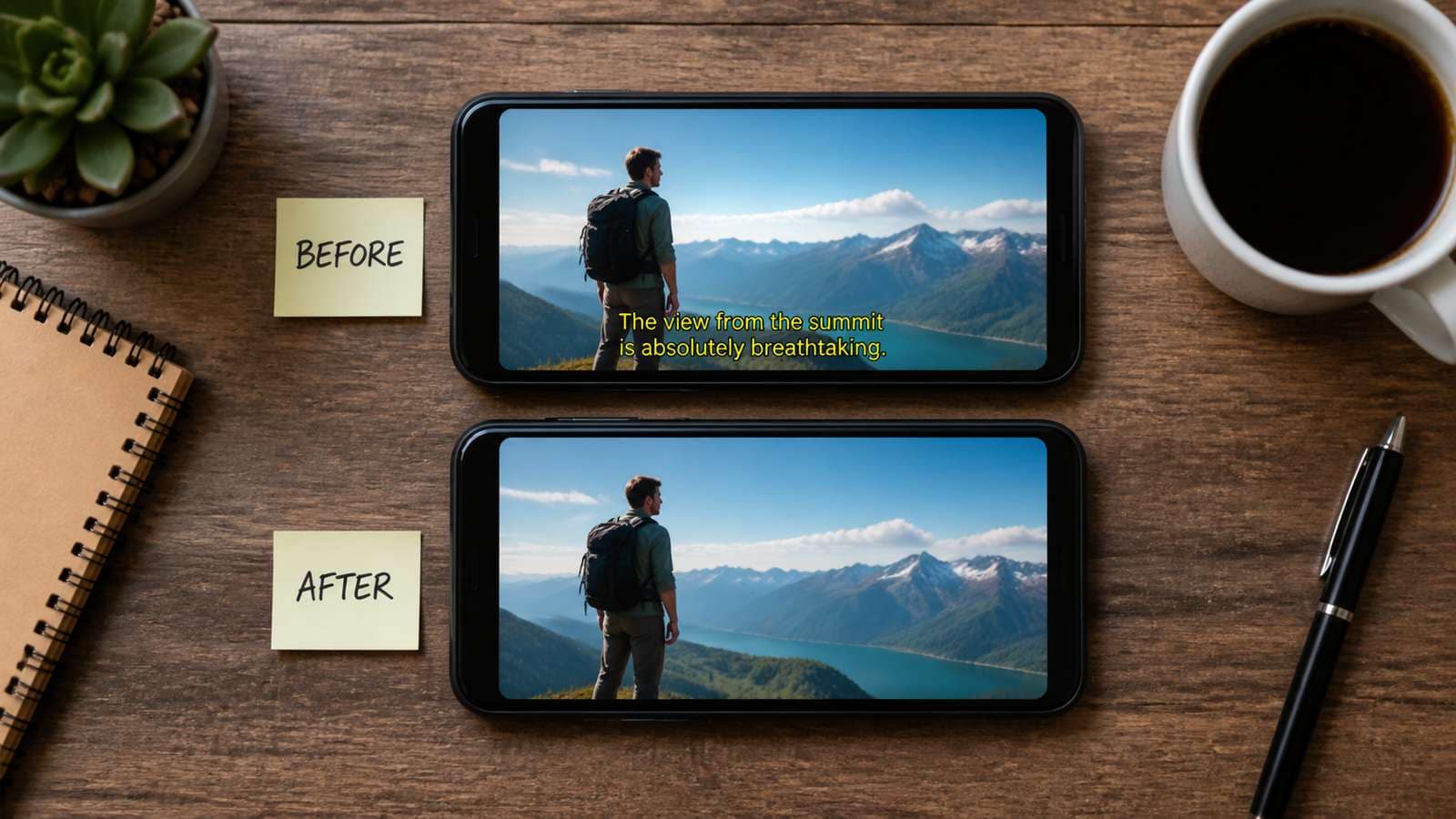 Burned-in market subtitle compared with a clean reconstructed frame