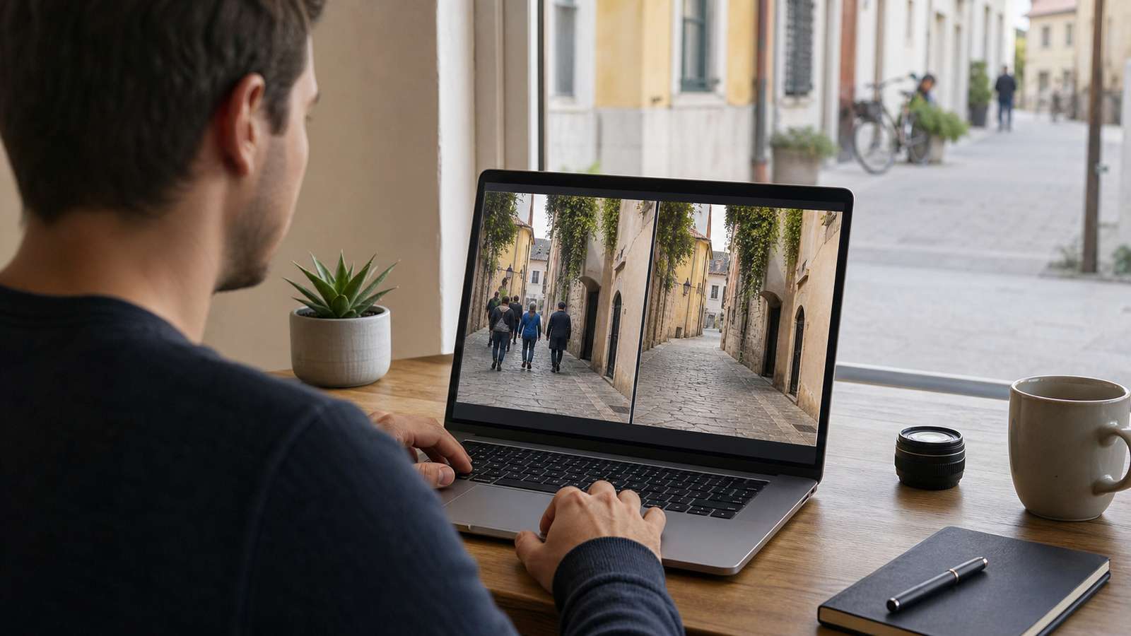Tracked person mask in a street interview with a separate reference-frame inset