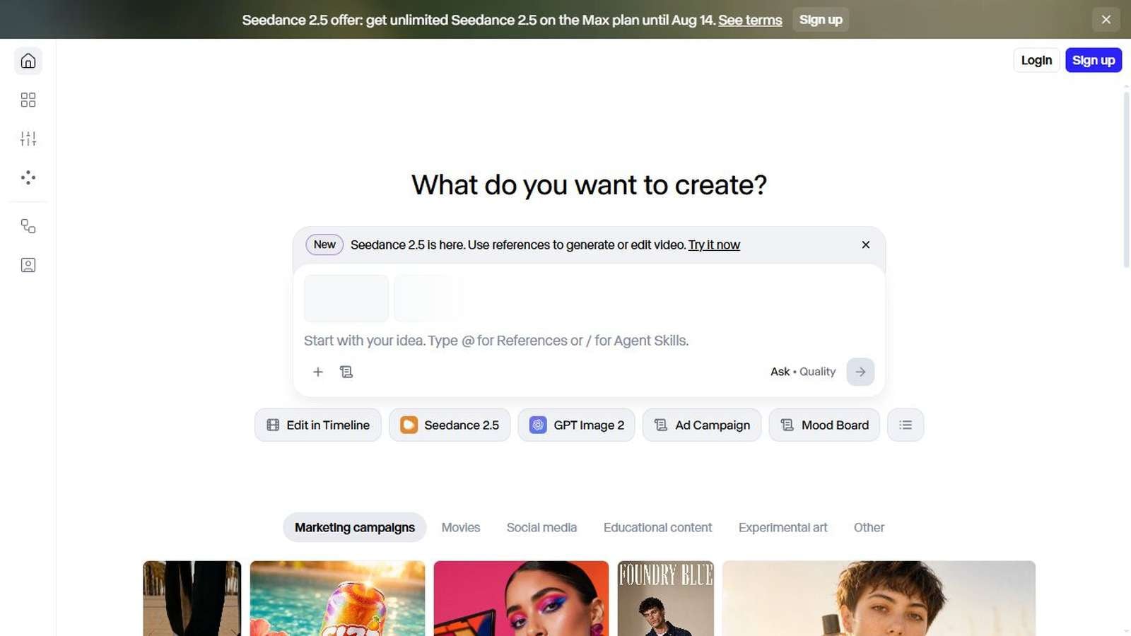 Runway AI creation workspace in English with generation, timeline, model, and campaign options