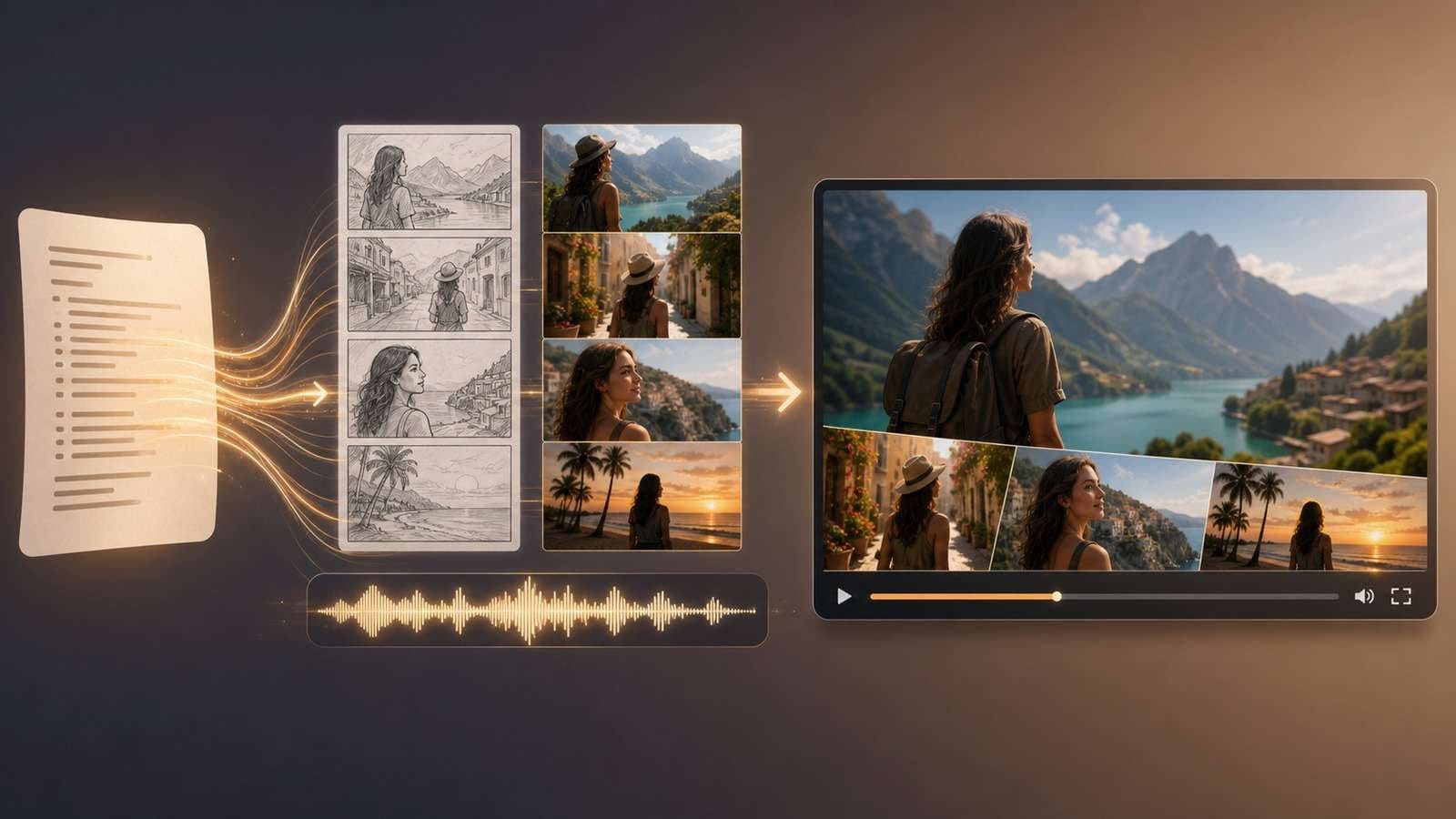 Personal story script progressing into storyboard, consistent shots, narration, and a finished long-form video