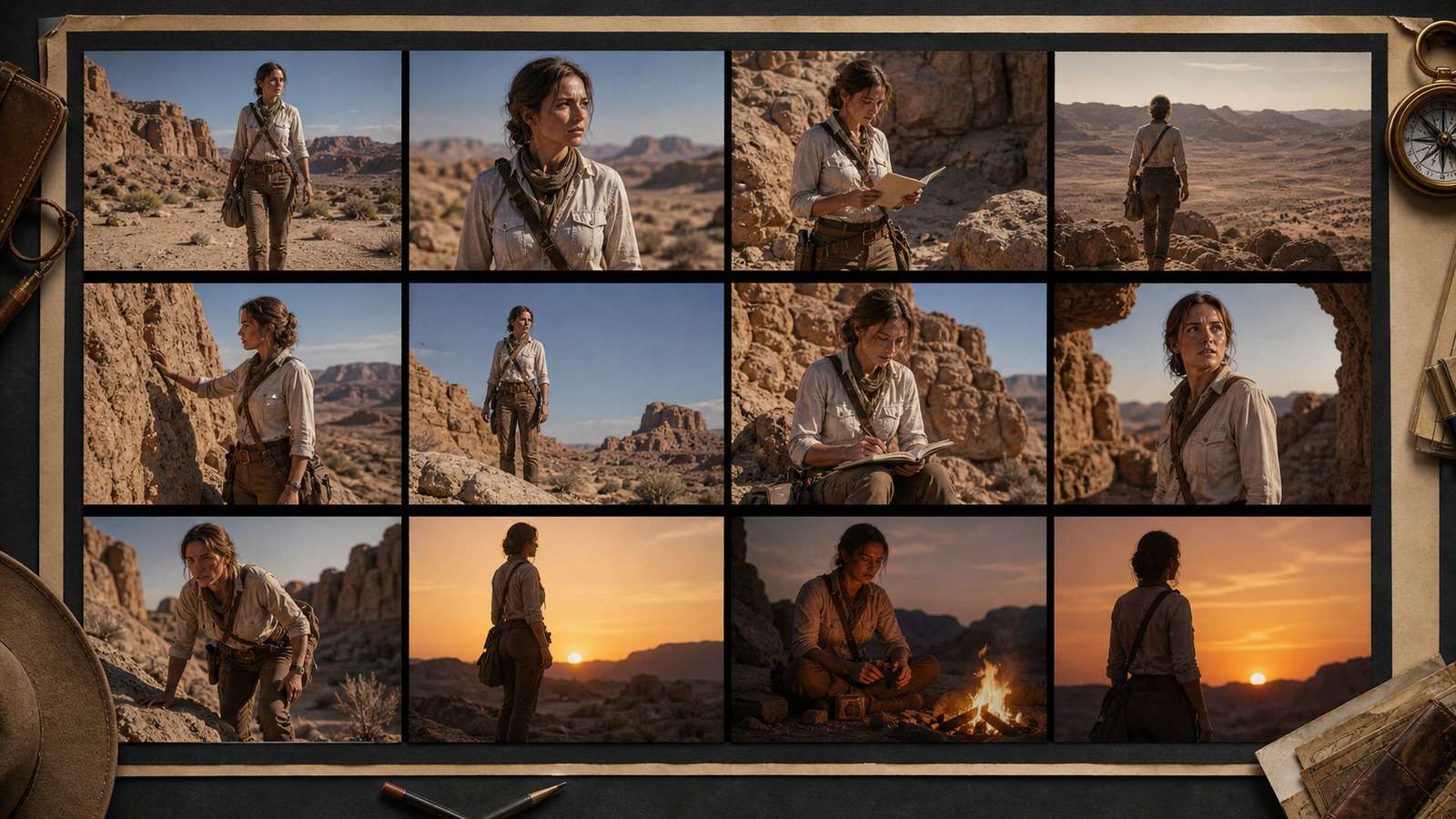 Long AI video continuity storyboard preserving one character wardrobe props and environment