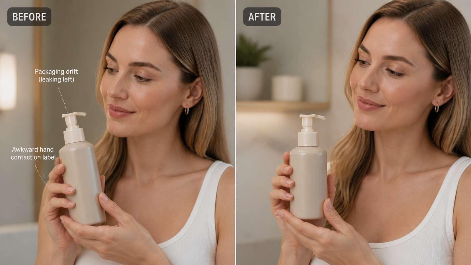 Before and after comparison of product fidelity and hand interaction in Seedance advertising