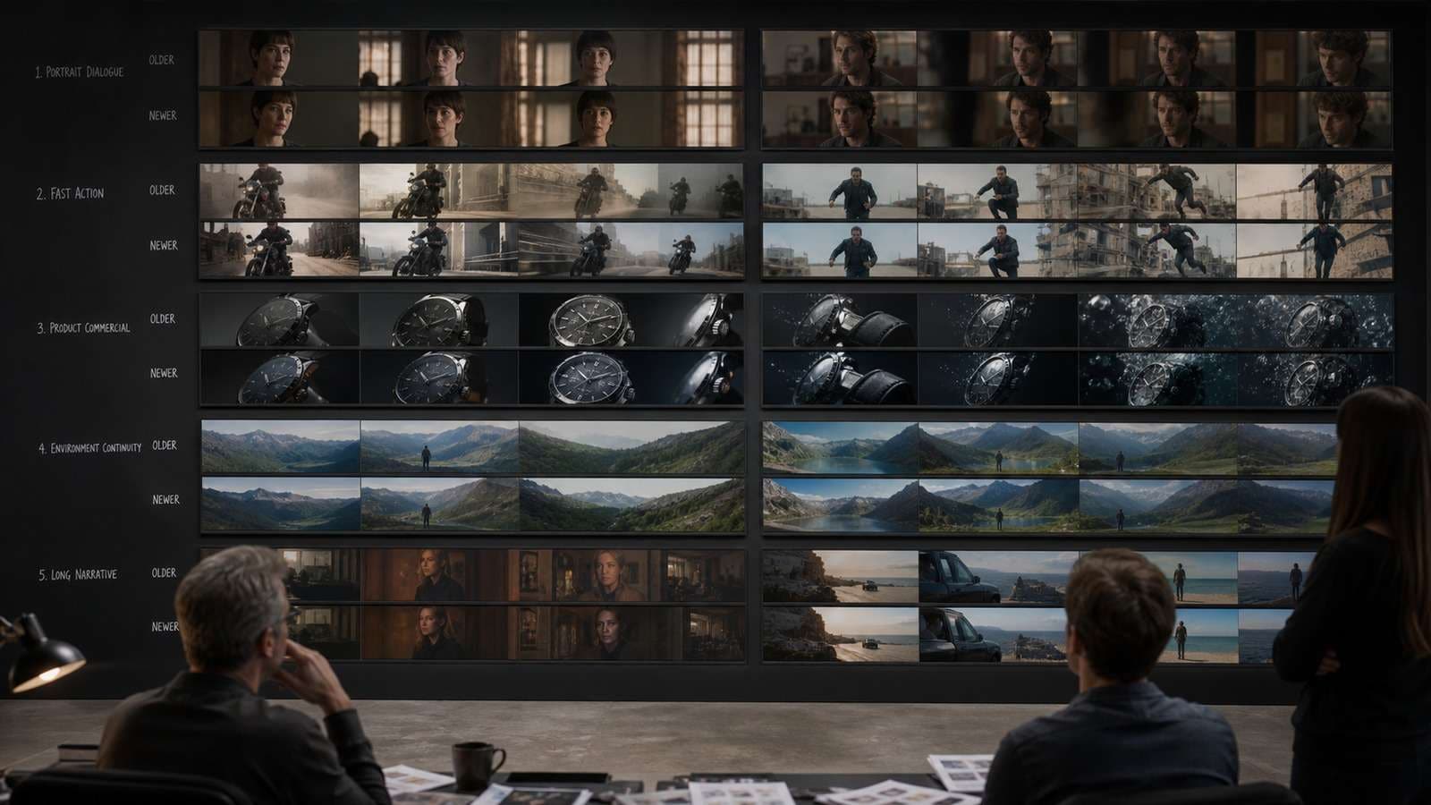 Matched test grid for comparing Seedance 2.0 and Seedance 2.5 across dialogue action ads and continuity