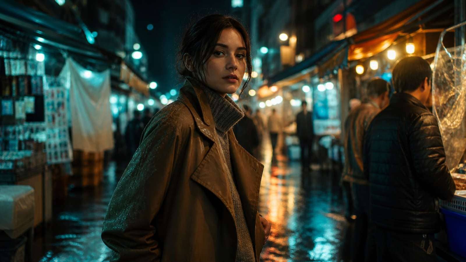 Cinematic night market portrait demonstrating realistic skin practical lights fabric and atmospheric depth