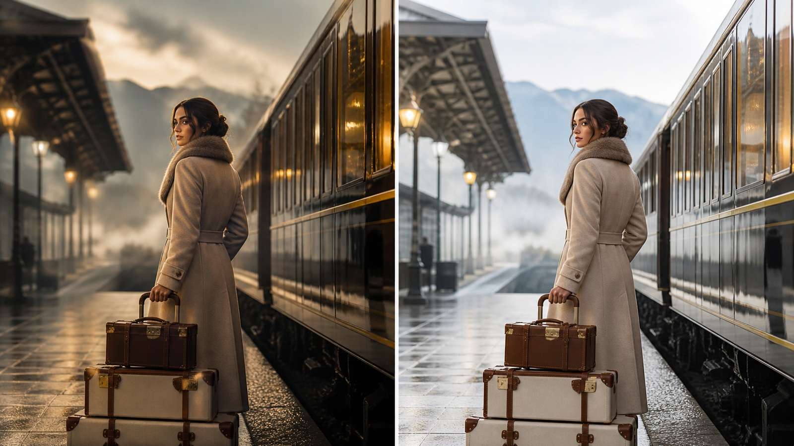 Split-screen comparison of the same luxury travel campaign rendered with cinematic polish and precise reference-led editing