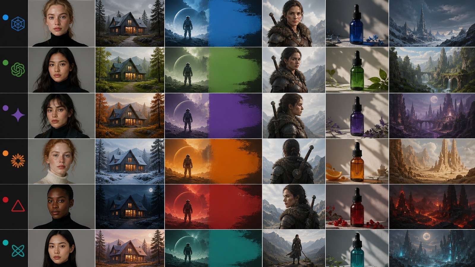 Visual scorecard comparing realism editing typography consistency product accuracy and ideation